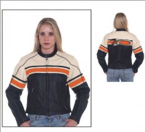 Ladies Leather Racer Jacket Cream Upper Half w/ Red Stripe Across Chest, Back & Around Sleeves, 2 Si