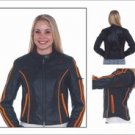 Ladies Leather Racer Jacket w/ Double Orange Stripes Down Sleeves, Orange Stripes on Front & Back, G