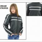 Ladies Soft Leather Jacket w/ Z/O Lining, Front & Back Airvents, Cream Colored Stripes on Front, Bac