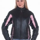 Ladies Black & Pink Leather Racer Jacket w/ Side Laces & Z/O Lining