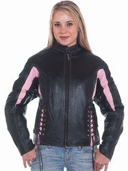 Ladies Black & Pink Leather Racer Jacket w/ Side Laces & Z/O Lining