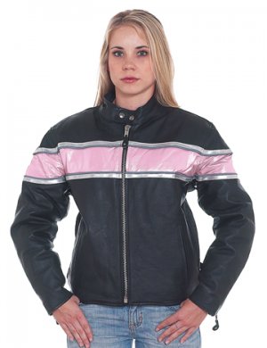 Ladies Leather Racer Jacket w/ A Pink Stripe & Double Silver Stripes w/ Reflector, 2 Side Pockets, V