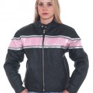 Ladies Leather Racer Jacket w/ a Pink Stripe & Double Silver Stripes w/ Reflector, 2 Side Pockets, V