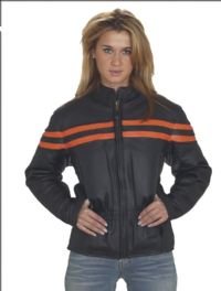 Ladies Heavy Duty Soft Leather Vented Racer Jacket w/ Orange Stripe, Lining