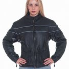 Ladies Leather Racer Jacket w/ Double Reflector Stripes w/ Z/O Lining, Front & Back Airvents & Verti