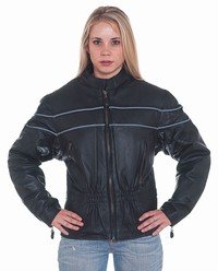 Ladies Leather Racer Jacket w/ Double Reflector Stripes w/ Z/O Lining, Front & Back Airvents & Verti