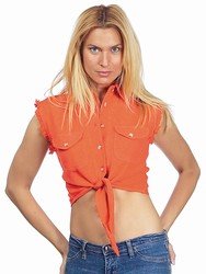 Ladies Orange Denim Sleeveless Shirt w/ Buttons