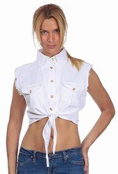 Ladies White Denim Sleeveless Shirt w/ Buttons