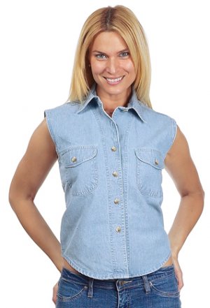 Ladies Light Blue Denim Sleeveless Shirt (Full Length) w/ Buttons