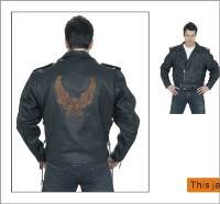 Mens Leather Jacket, Emboss Eagle on Back, Z/O Lining, Side Laces, Soft Heavy Leather