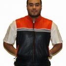 Mens Orange/Black Leather Vest w/ Reflective Strip