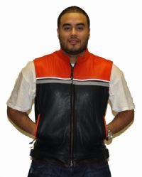 Mens Orange/Black Leather Vest w/ Reflective Strip
