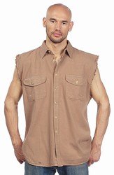 Mens Denim Beige Sleeveless Shirt w/ Buttons