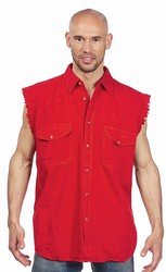 Mens Denim Red Sleeveless Shirt w/ Buttons