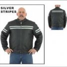 Mens Leather Racer Jacket w/ Silver Colored Stripes, Reflector Stripe, Front & Back Airvents & Z/O L