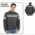 Mens Leather Racer Jacket w/ Cream Colored Stripes, Reflector Stripe, Front & Back Airvents & Z/O Li