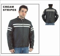 Mens Leather Racer Jacket w/ Cream Colored Stripes, Reflector Stripe, Front & Back Airvents & Z/O Li
