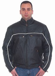 Mens Soft Leather Racer Jacket w/ Reflector Stripe, Front & Back Airvents, Z/O Lining & Side Zippers