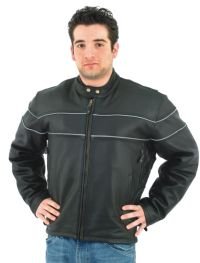 Mens Cowhide Racer Jacket w/ Front & Back Airvents & Reflector Stripes, Z/O Lining, Verticle Gather 