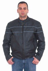 Mens Racer Leather Racer Jacket w/ Reflective Strip, A/V on Front & Back, Verticle Gathered Sides, Z