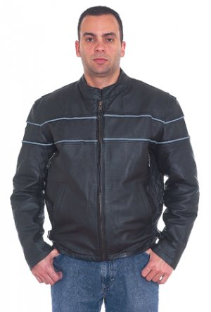 Mens Cowhide Racer Jacket w/ Reflector Stripes, Front & Back Airvents, Z/O Lining, Verticle Gather S