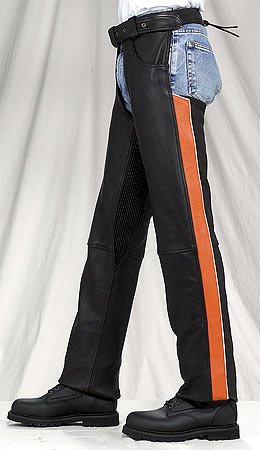 Orange Stripe Chaps w/ Gather Fitting Adjustment in Thighs, Cowhide