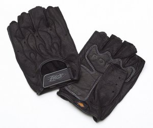 Fingerless leather gloves w/ black outlined flame and power grip