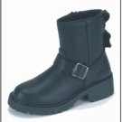 Men's Wide Black Leather Biker Boots, Strap at Ankle, Zipper on Side
