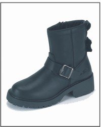 Black Leather Biker Boots, Strap at Ankle, Zipper on Side