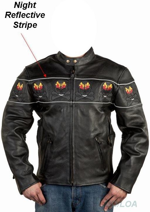 Mens Motorcycle Biker Genuine Leather Night Reflective Flame Skull