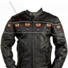 Mens Motorcycle Biker Genuine Leather Night Reflective Flame Skull bones Racer Jacket