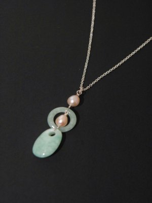 Light Green Jade with Pearl Silver Necklace - MJNL0015