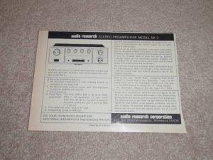 Audio Research SP-3 Preamp Ad,Specs,Article,6"x9", Tube