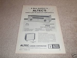 Altec 310a Tuner,Carmel Speaker Ad from 1961,specs,TUBE
