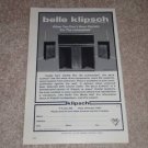 Klipsch Belle Klipsch Speaker Ad, 1977, 6"x9" Very Rare