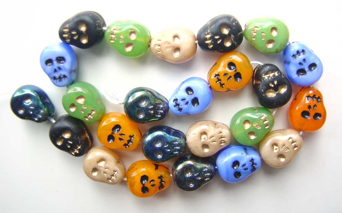 Skull Beads Czech Glass Day of Dead Black Bone Blue Orange Green & Iris