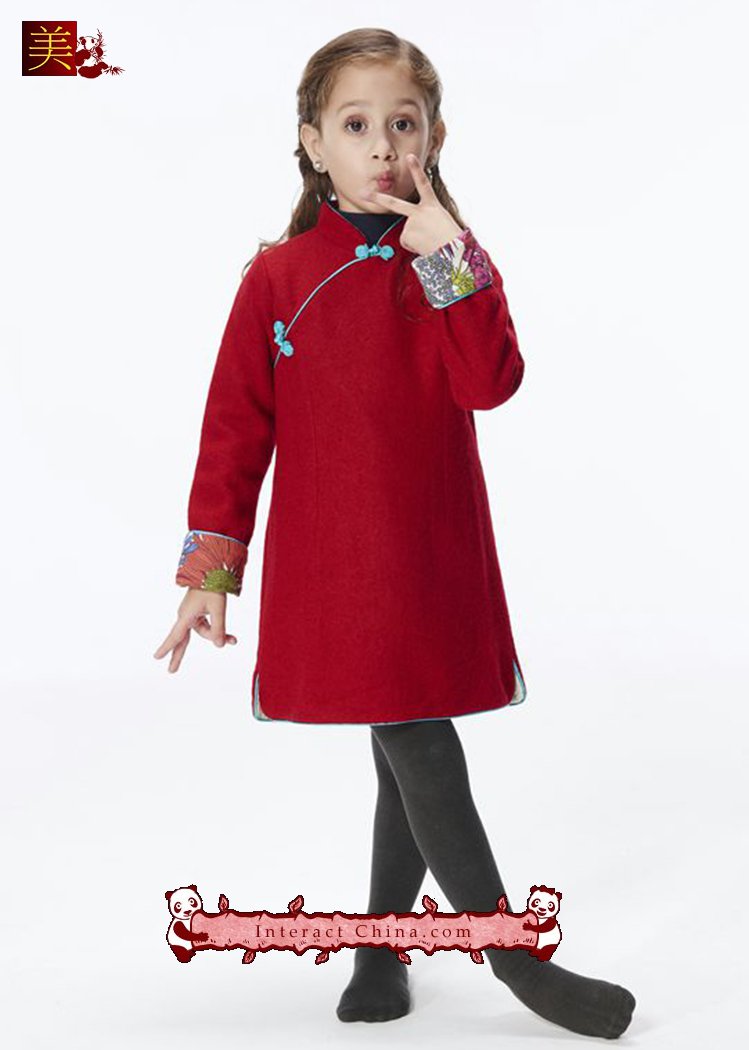 Handmade Girls Wool Dress Overcoat Chinese Cheongsam Qipao Kids Clothing #209