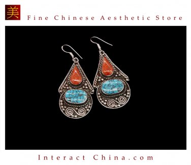 Fine Tibetan Turquoise Jewelry 925 Silver Drop Dangle Earrings 100% Handcraft #112