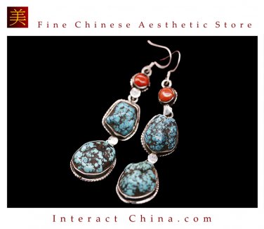 Fine Tibetan Turquoise Jewelry 925 Silver Drop Dangle Earrings 100% Handcraft #113