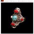 Fine Tibetan Turquoise Coral Gemstone Jewelry 925 Silver Ring 100% Handcraft #105