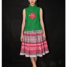 Hand Woven Embroidered Plaid Pleated Skirt Vintage Women Dress #111