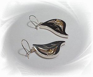 Artisian Handcrafted Designer Sterling Silver Leaf Dangle Earrings With 14K Gold Rose