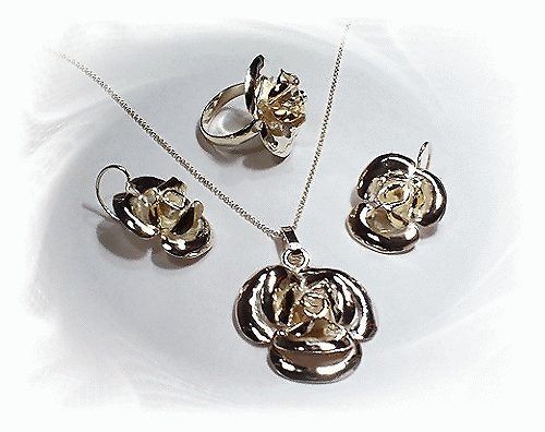 Artisian Handcrafted Designer Sterling Silver Rose Ring, Earring and Pendant Set