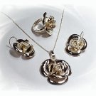 Artisian Handcrafted Designer Sterling Silver Rose Ring, Earring and Pendant Set