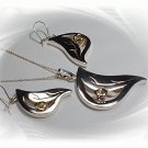 Artisian Handcrafted Designer Sterling Silver Leaf Pendant and Earring Set With Gold Deco