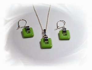 Artisian Handcrafted Designer Sterling Silver Green Glass Coral Earrings and Pendant Set