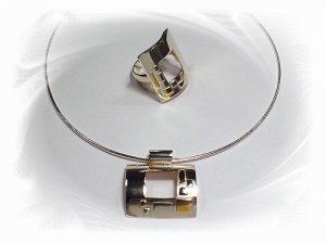 Artisian Handcrafted Designer Sterling Silver Pendant and Ring with Gold Accent