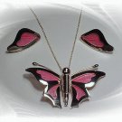 Artisian Handcrafted Designer Sterling Silver Pink Butterfly Pendant and Earrings Set