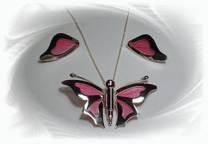 Artisian Handcrafted Designer Sterling Silver Pink Butterfly Pendant and Earrings Set