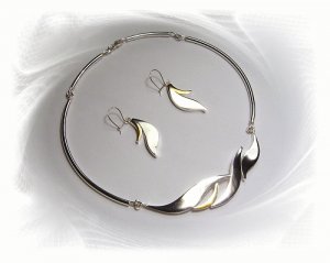 Artisian Handcrafted Designer Sterling Silver Two Tone Necklace and Earring Set